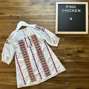 Pink Chicken White Long Sleeve Embroidered Cotton Ava Dress Preppy Boho 4